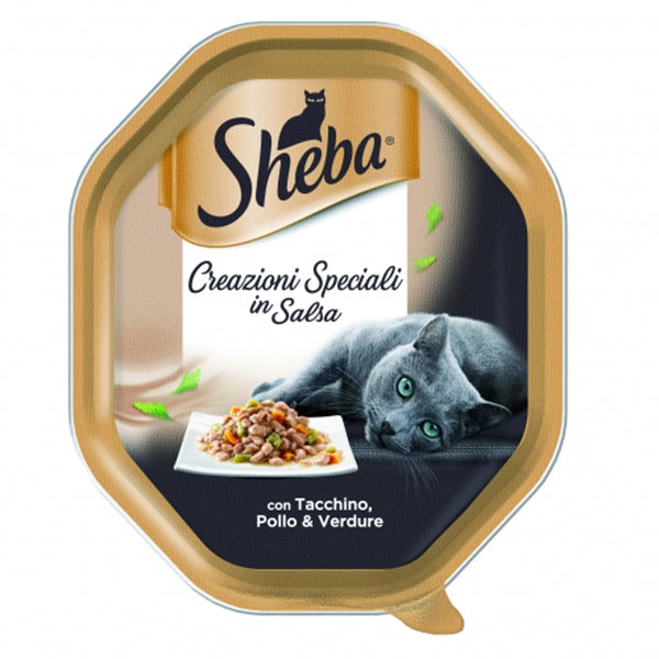 Sheba Creazioni Speciali in Salsa con Tacchino Pollo e Verdure 85gr Sheba Creazioni Speciali in Salsa con Tacchino Pollo e Verdure 85gr